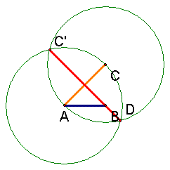Previous image plus circle with center at 'C' with a radius of AC, the two circles intersect at 'B' and 'C prime'. The length of 'C prime' is square root of 6.