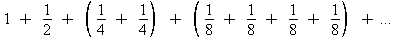 Oresme restatement of the harmonic series: 1 + 1/2 +
  (1/4 + 1/4) + (1/8 + 1/8 + 1/8 + 1/8) + ...